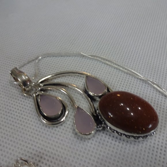Beautiful "GOLD SUNSTONE & ROSE QUARTZ" Handmade Sterling Pendant/Chain #425A - Picture 3 of 3